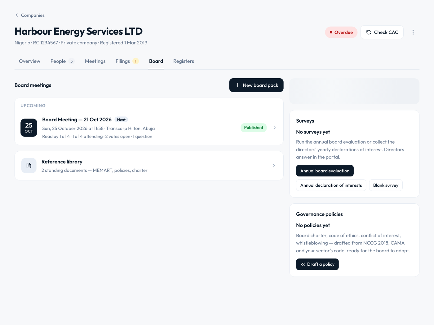 The board tab of a company showing an upcoming board meeting with read, attendance and voting status, surveys and governance policies